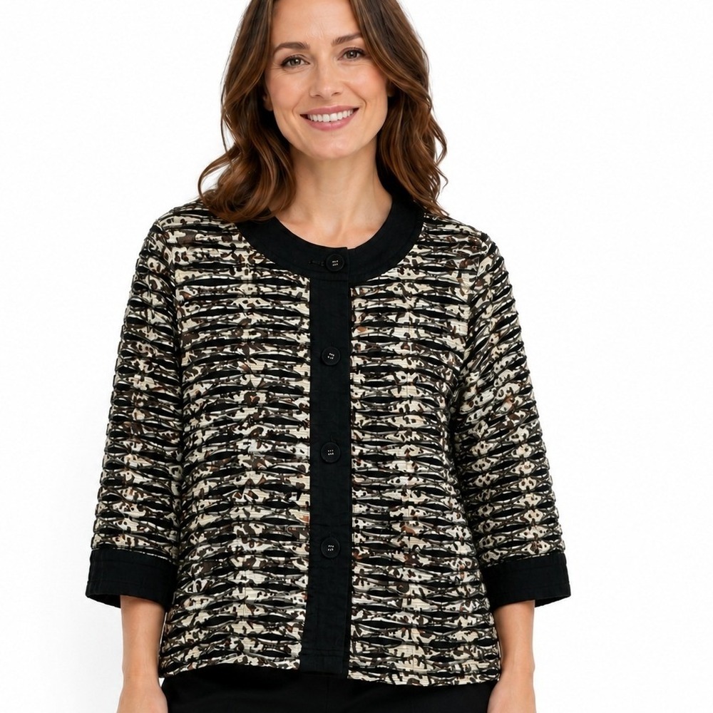 Chicos Textured Ribbon Applique Jacket Animal Print Button Front Black Tan Sz‎ 2